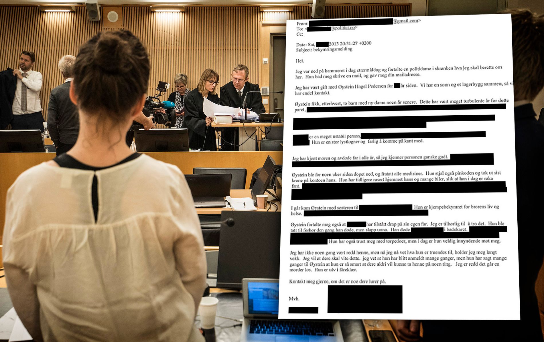 RESPONSIBILITY: Former wife, Øystein Hagel Pedersen, attempted to email a police officer's assassination request. This is one of the arguments against a seven-year-old mother (left) charged with killing two people at the Kristianswil District Court. 