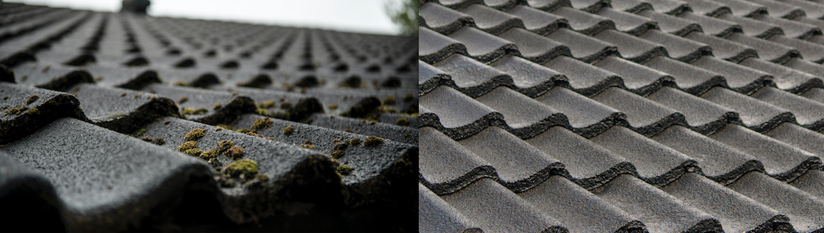 FØR OG ETTER: Her ses bilder av taket før og etter fornying.
